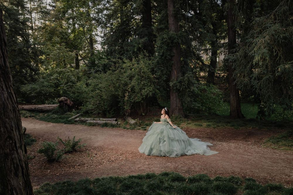 A woman in a flowing sage green ball gown poses gracefully in a lush forest park setting.
