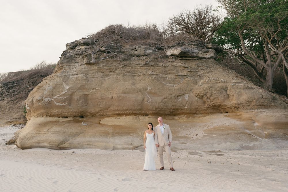 Couple in wedding attire standing on sandy beach before large sandstone rock formation with green trees.