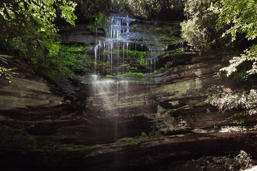 Sunlight filters through lush green trees onto a rocky waterfall cascading down mossy sandstone cliffs in a forest gorge.