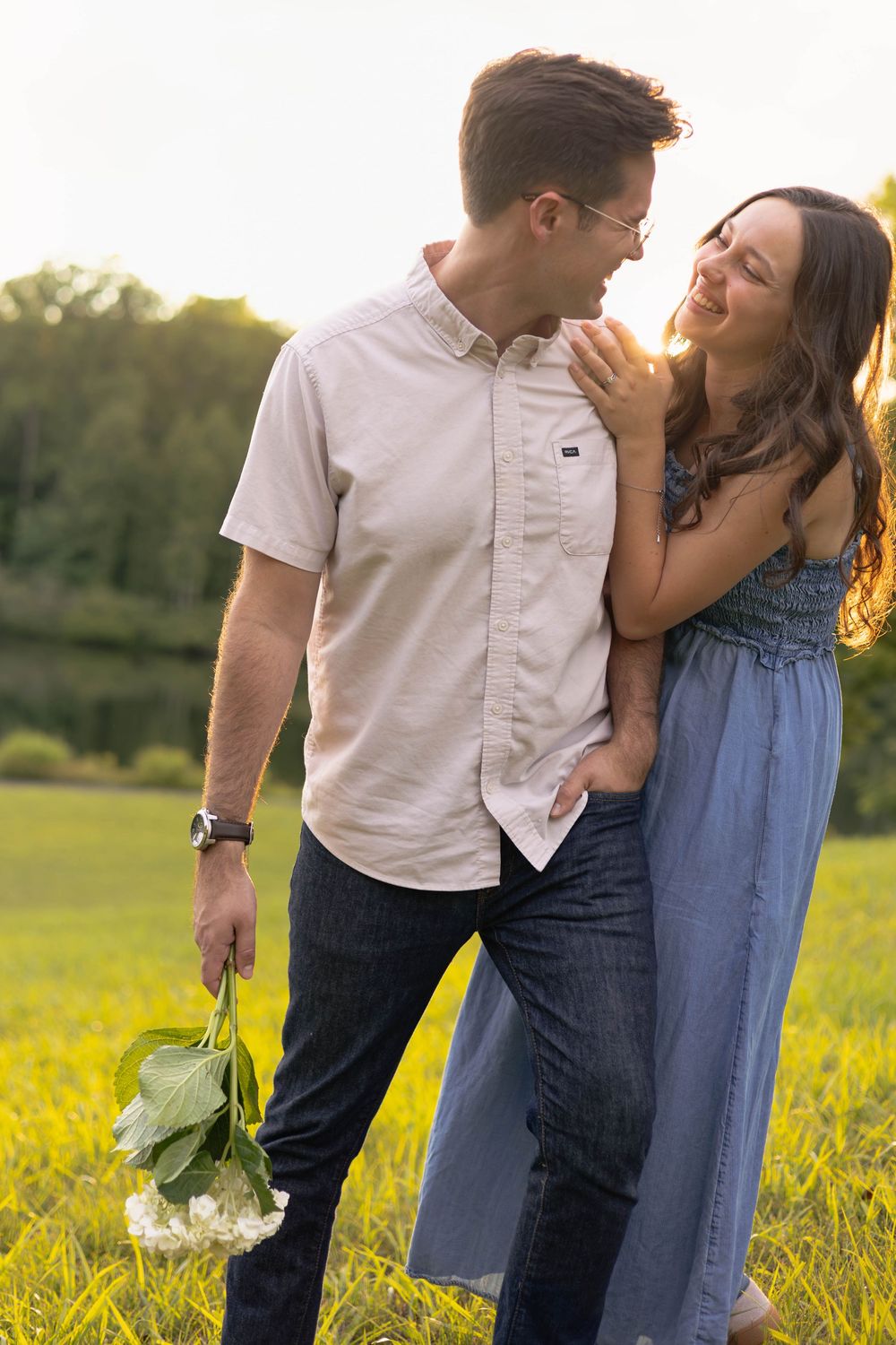 Golden Hour Couples Session at Walnut Creek Park with sunset in the background.