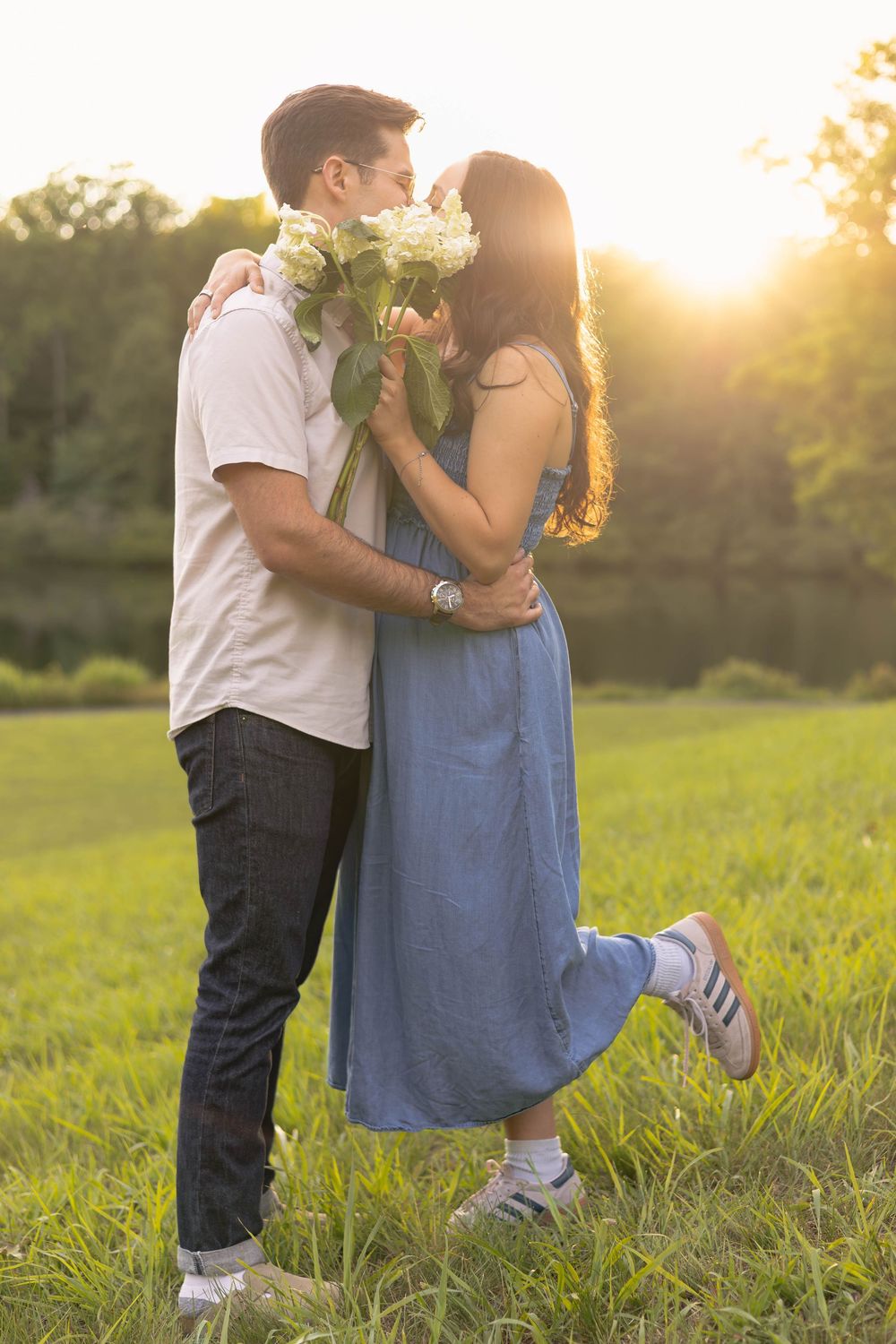 Golden Hour Couples Session at Walnut Creek Park with sunset in the background.