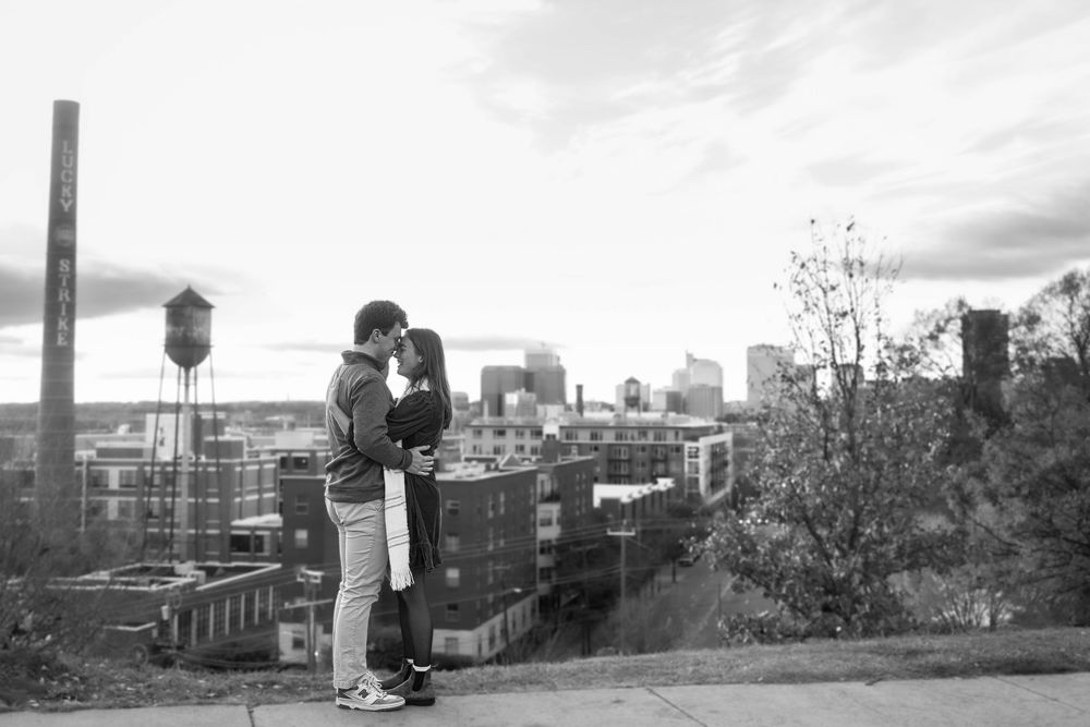 Black & White Engagement at Libby Hill Park in Richmond, Virginia with the city of Richmond in the background.