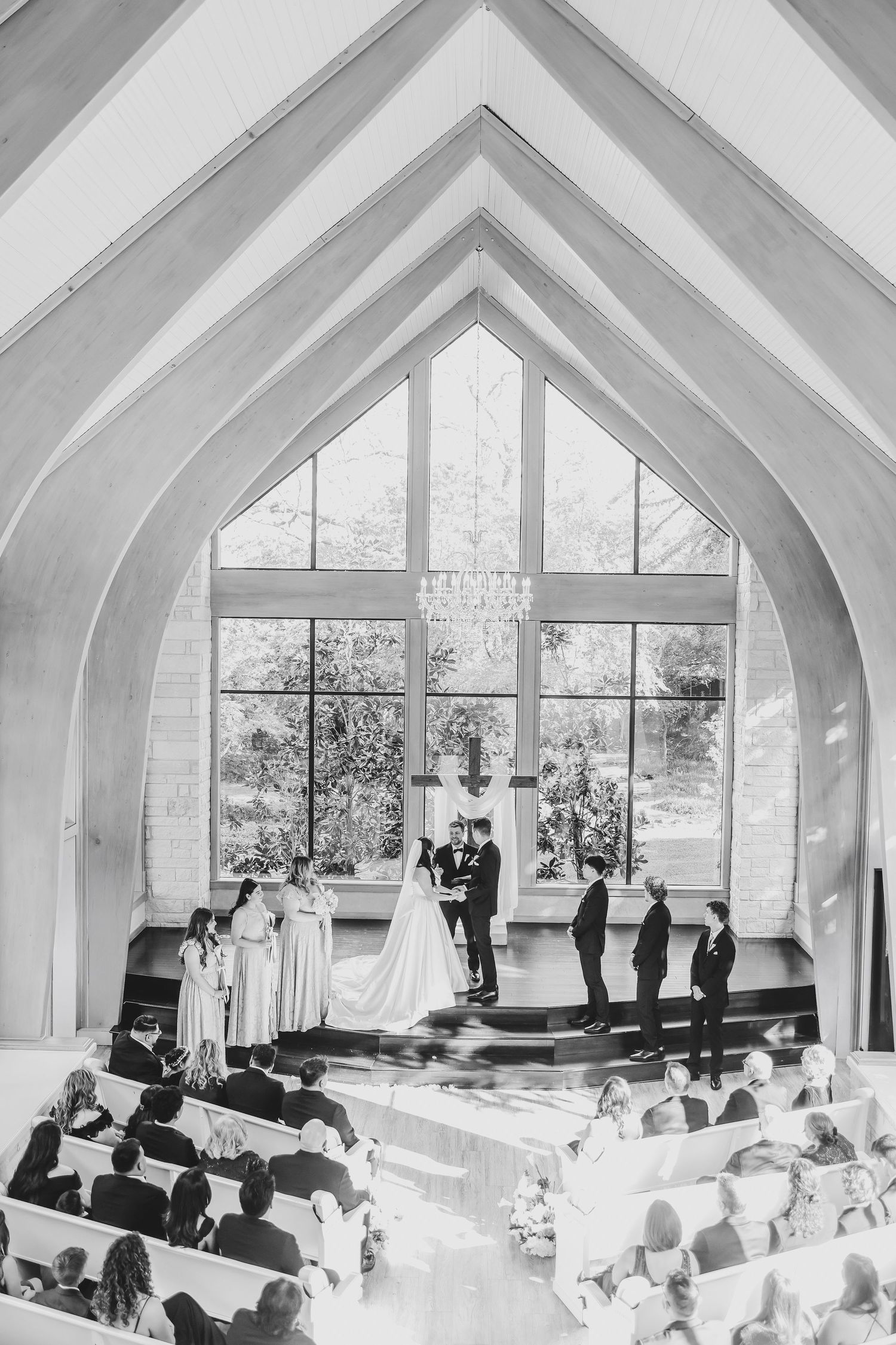 Romantic wedding ceremony in a bright modern chapel