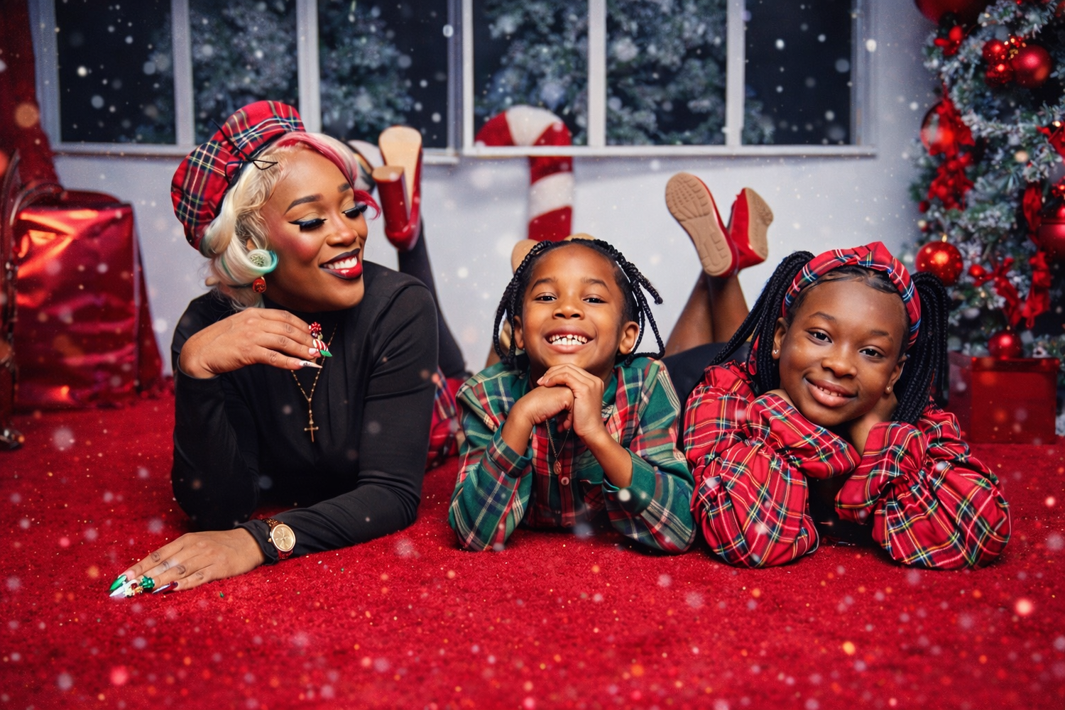 Happy Black family of four sitting on a wooden bench outdoors, parents smiling with two young children.