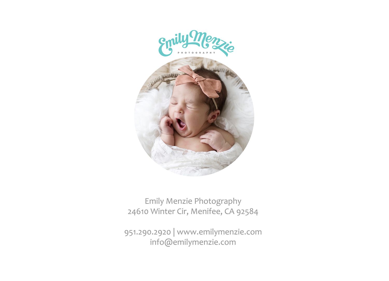 Emily Menzie Photography featuring a newborn baby portrait with studio contact details in Menifee, California.