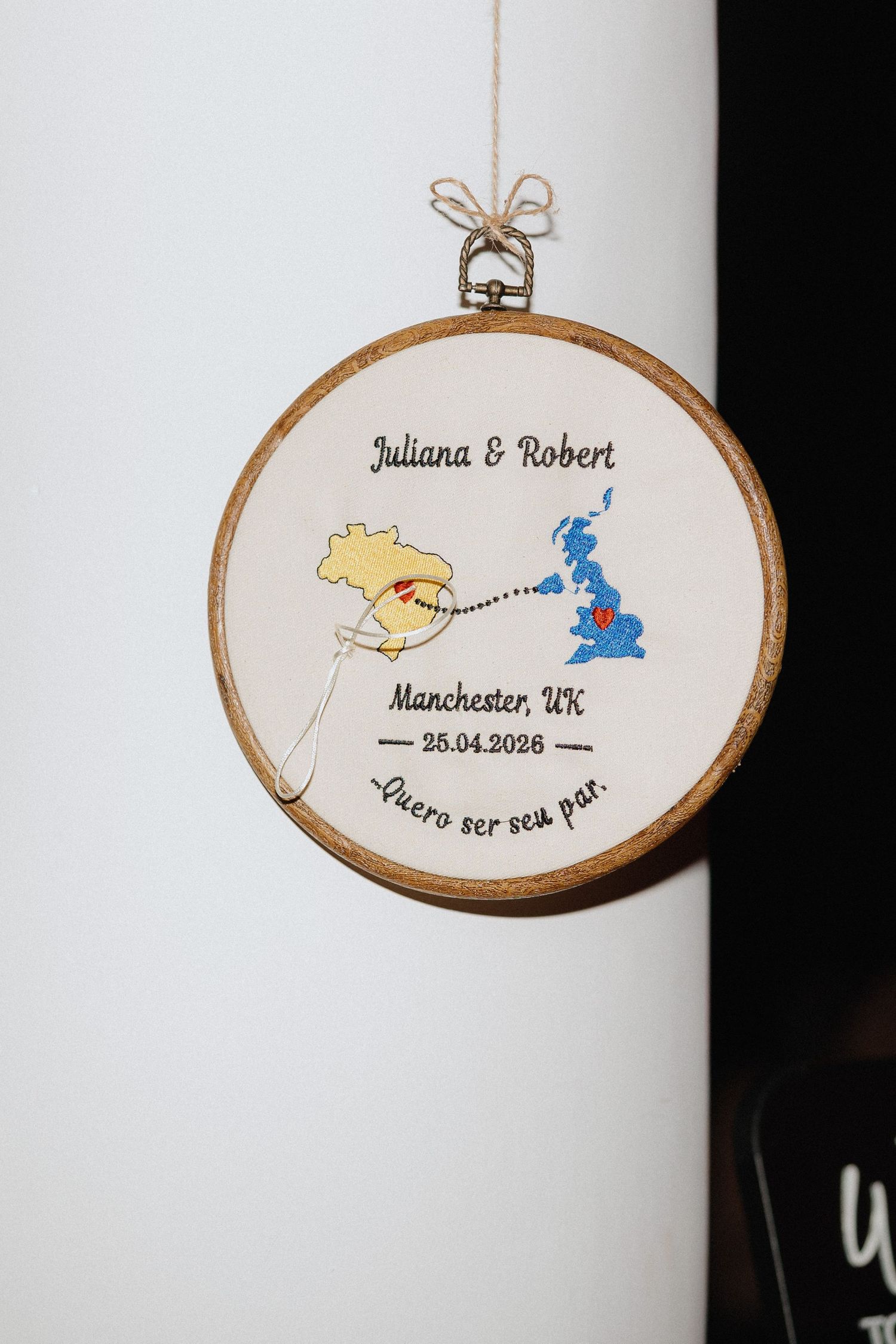 Handmade embroidery showing Brazil and England maps for an English-Brazilian wedding in Manchester.