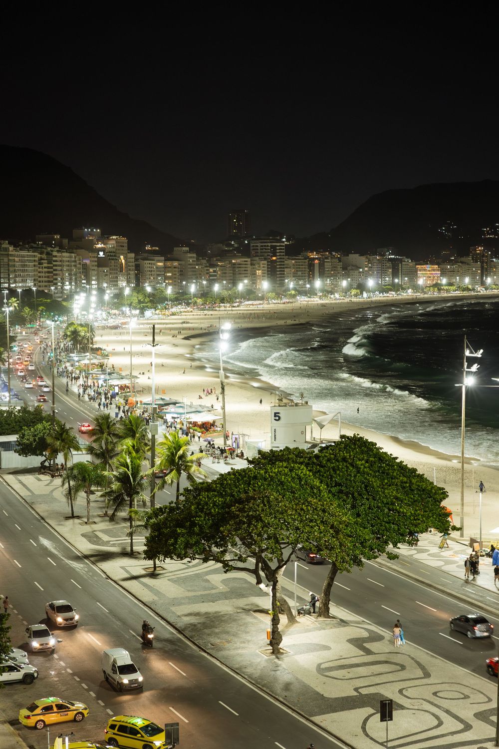 Aerial night view of Copacabana Beach boulevard in Rio de Janeiro with city lights and ocean.