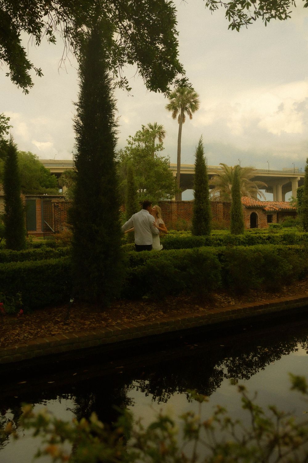 Couple embracing in lush garden with cypress trees and palm trees near a reflecting pool.