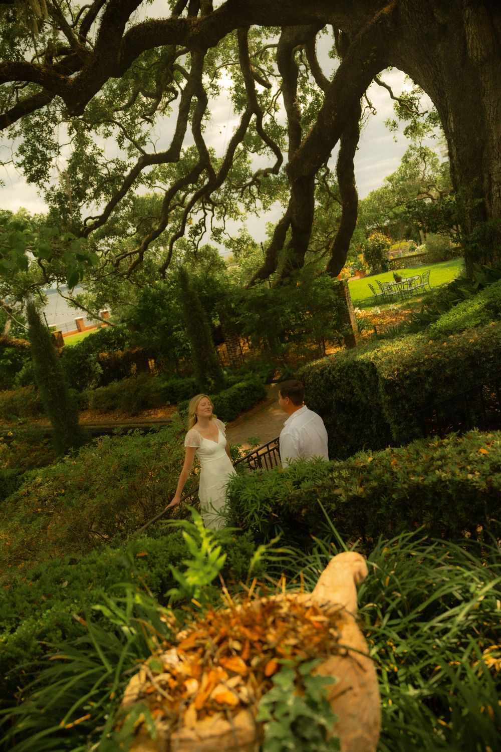 Couple in wedding attire sharing a romantic moment in a lush garden with sprawling oak trees and manicured hedges.