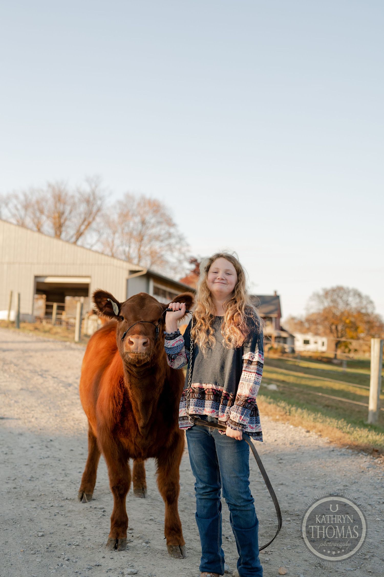 A young person stands with a brown calf on a farm path during golden hour.