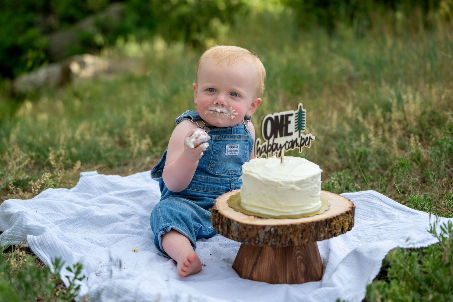 A one year old in denim overalls sits outdoors with a rustic birthday cake on a wooden slice. Cake Smash