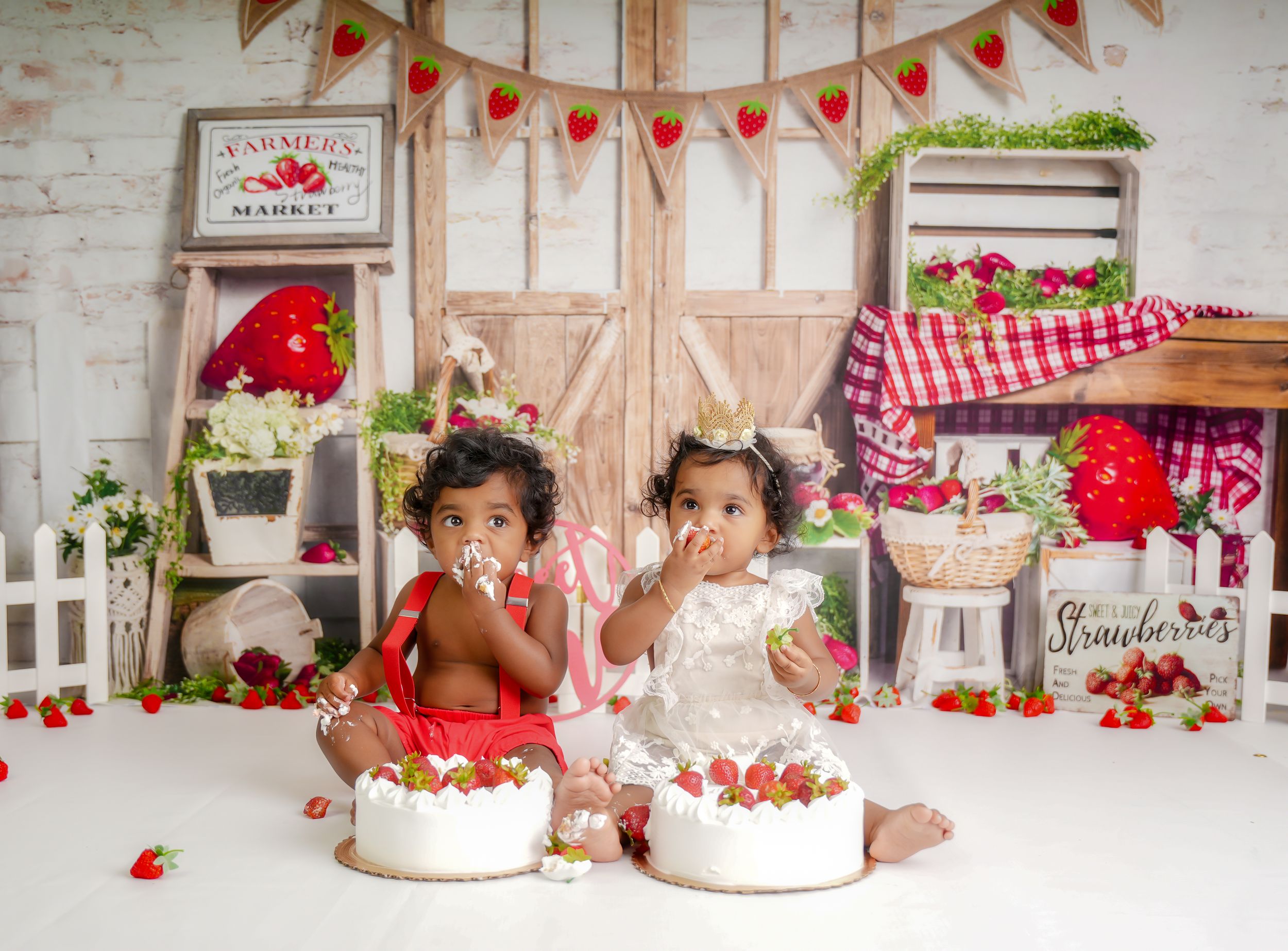 cake smash strawberry theme twins magical studio herndon fairfax dmv virginia boy girl baby newborn maternity