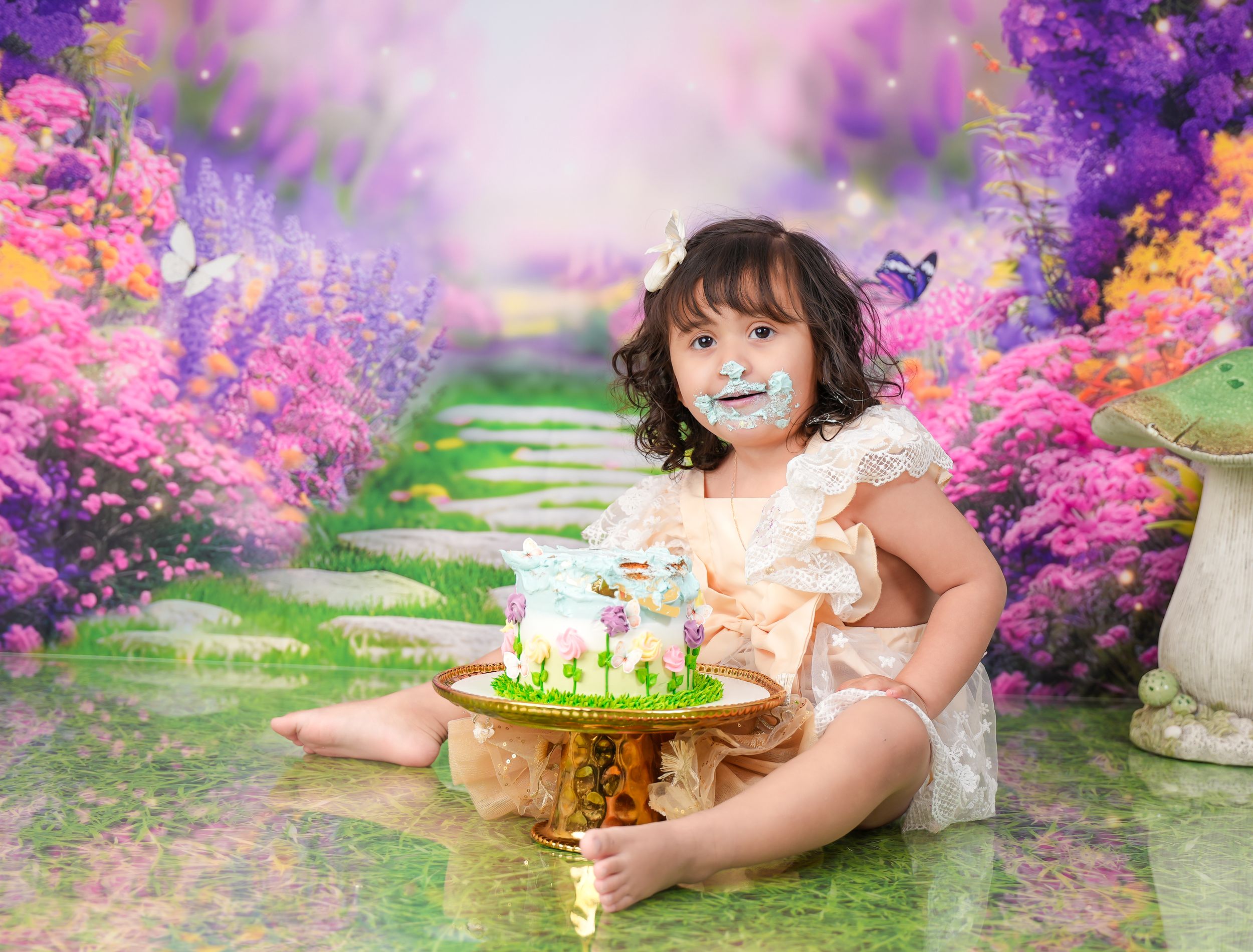 Whimsical garden scene with pink flowers and sparkly lighting effects.