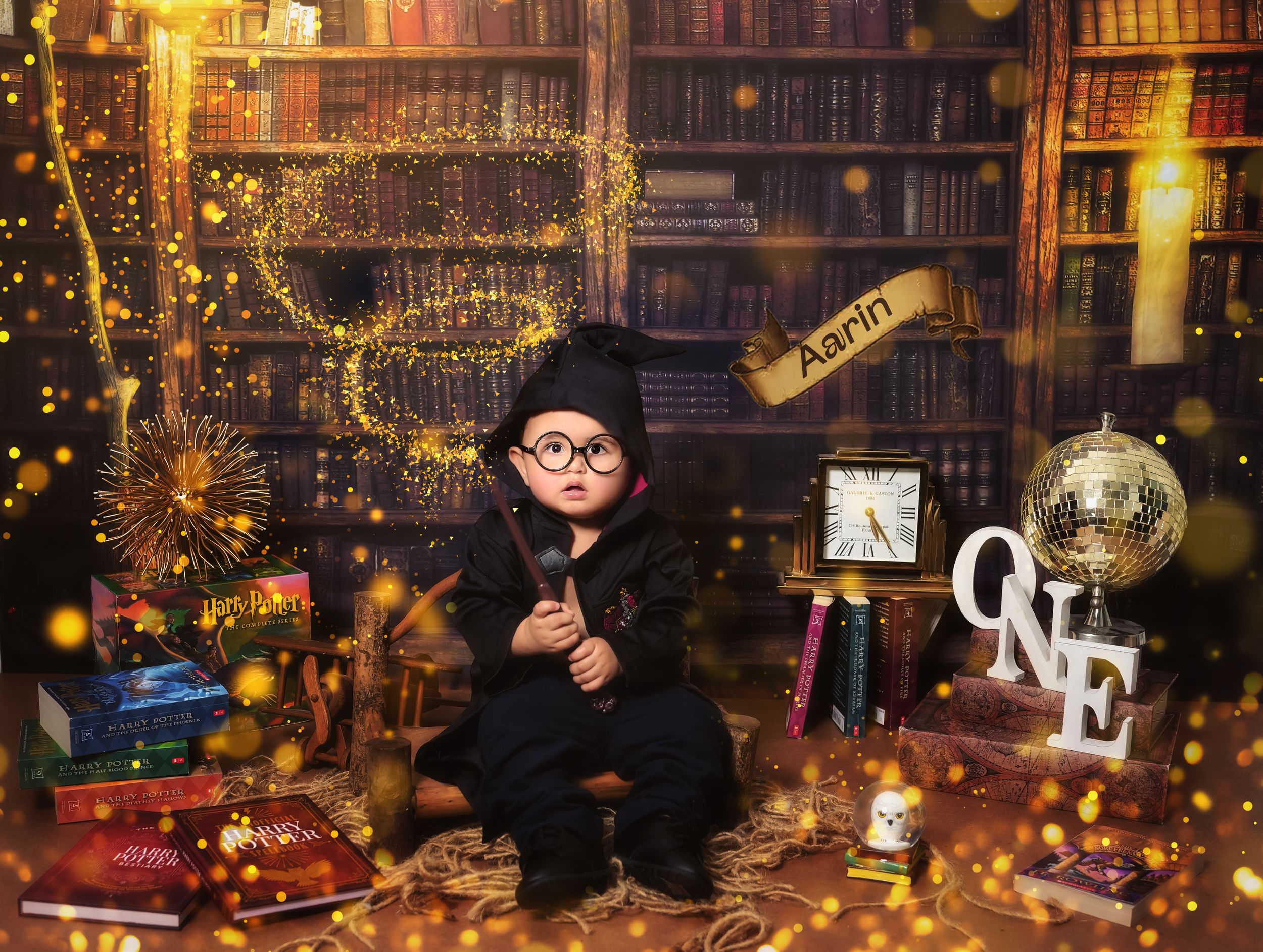 A cozy library interior decorated with glowing string lights and holiday decorations creates a warm, magical atmosphere.