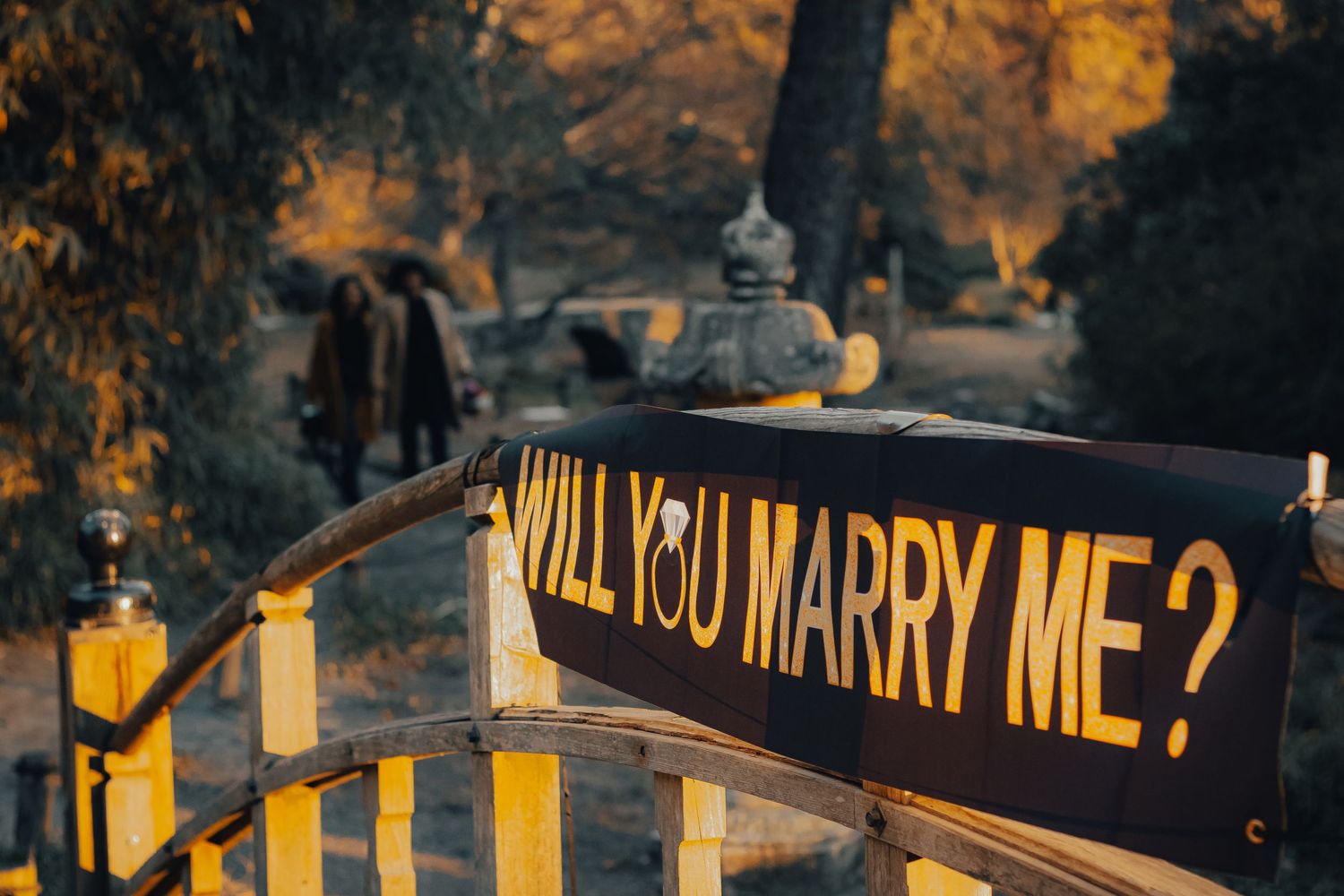 Wooden bridge with illuminated 'Will you marry me?' sign in romantic forest setting.