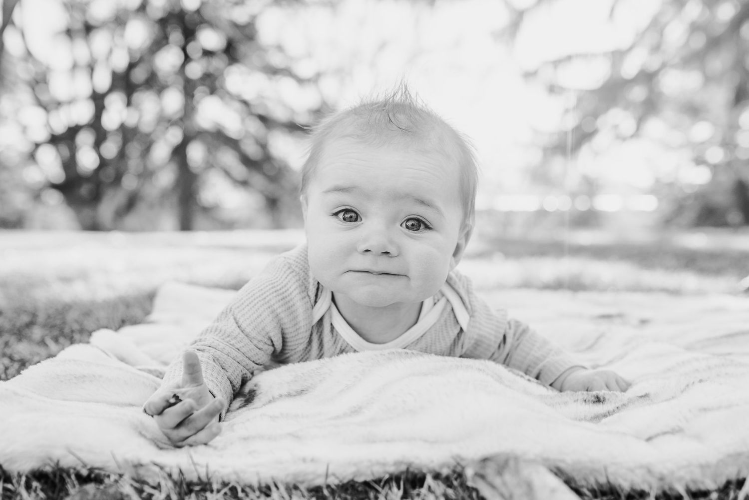 Black and white portrait of infant lying on blanket outdoors with soft natural lighting.