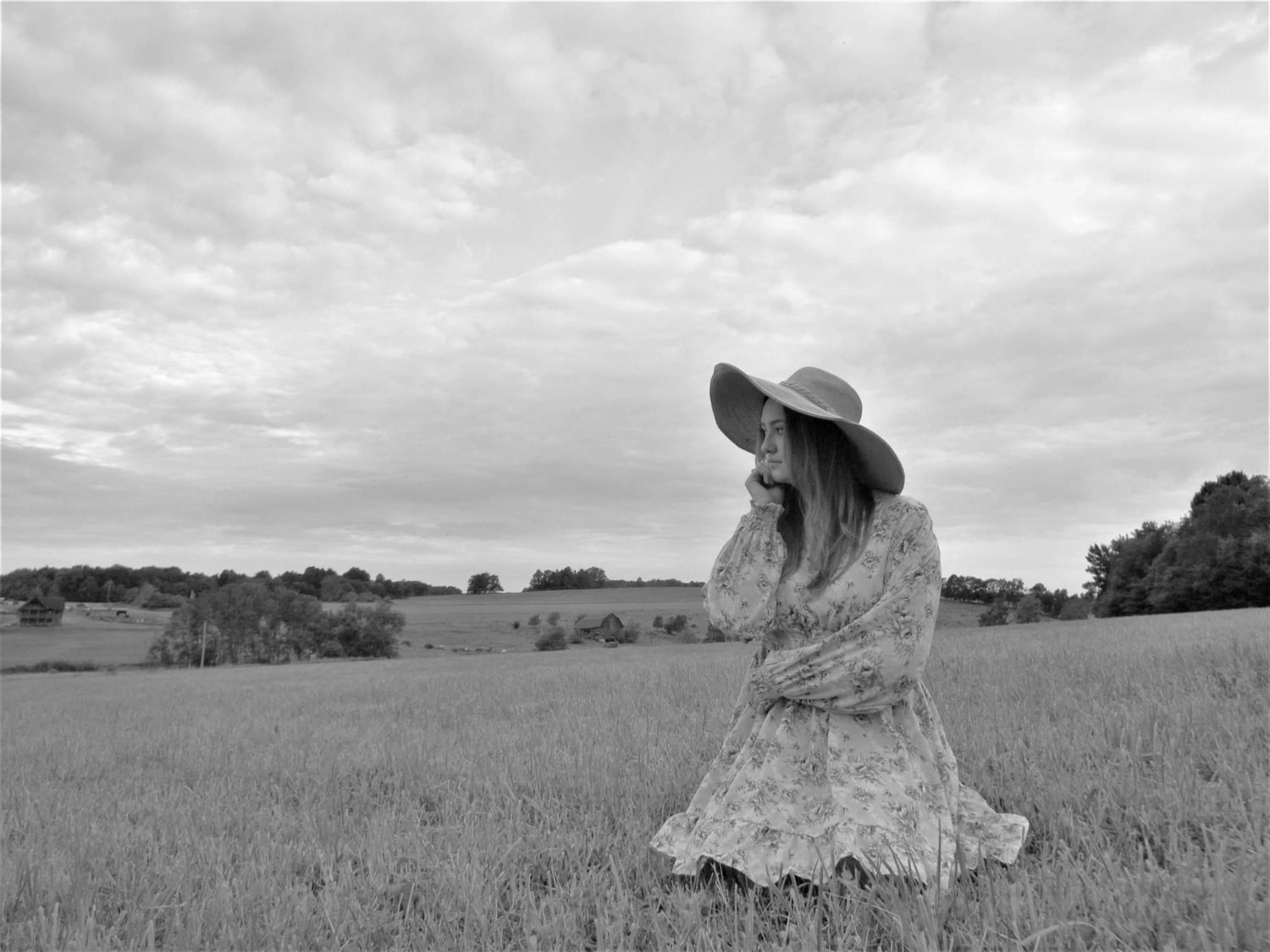 Black and white panoramic view of a rural field with tall grass and cloudy sky.