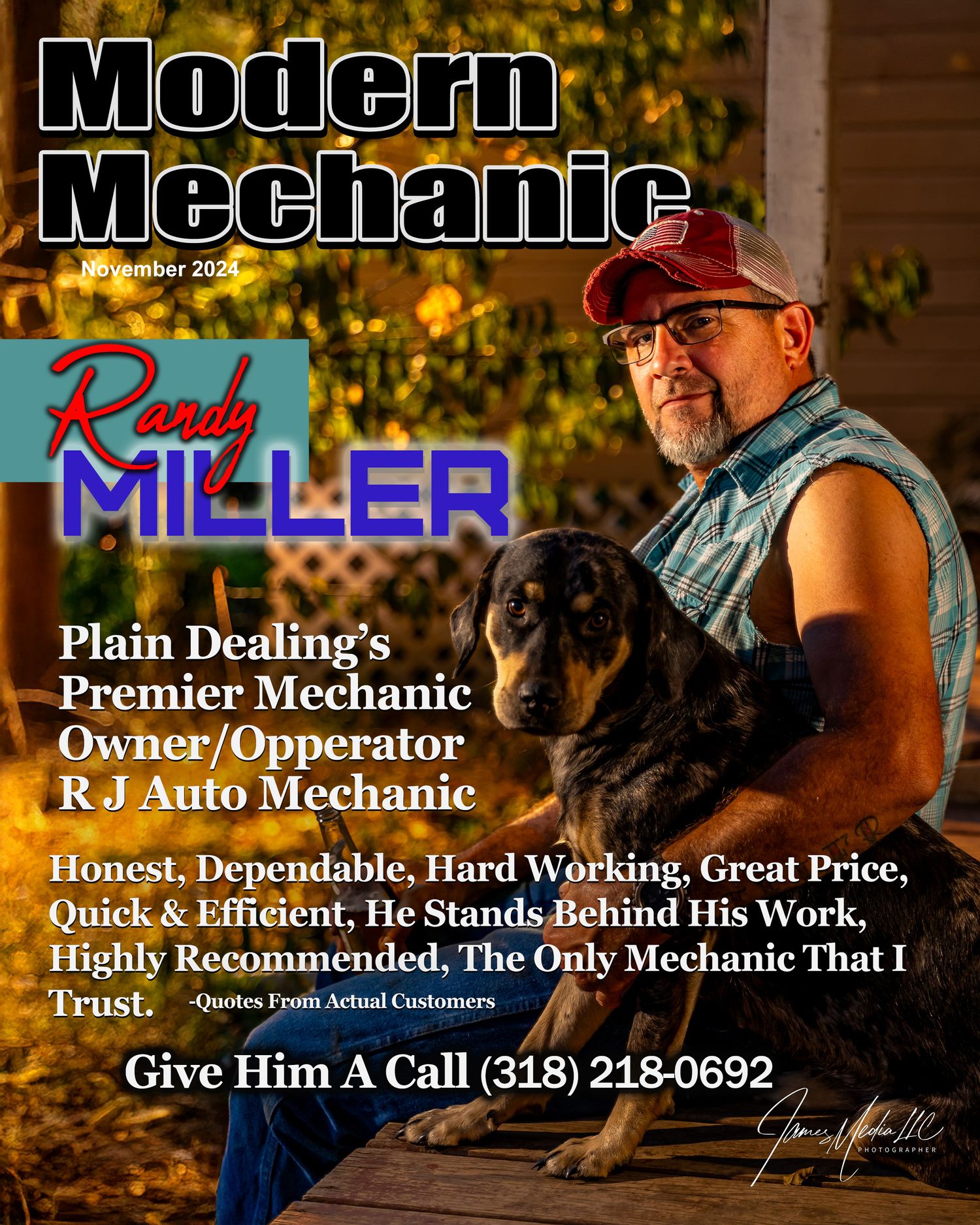 Magazine cover for Modern Mechanic featuring an auto mechanic wearing a sleeveless shirt and red baseball cap outdoors.