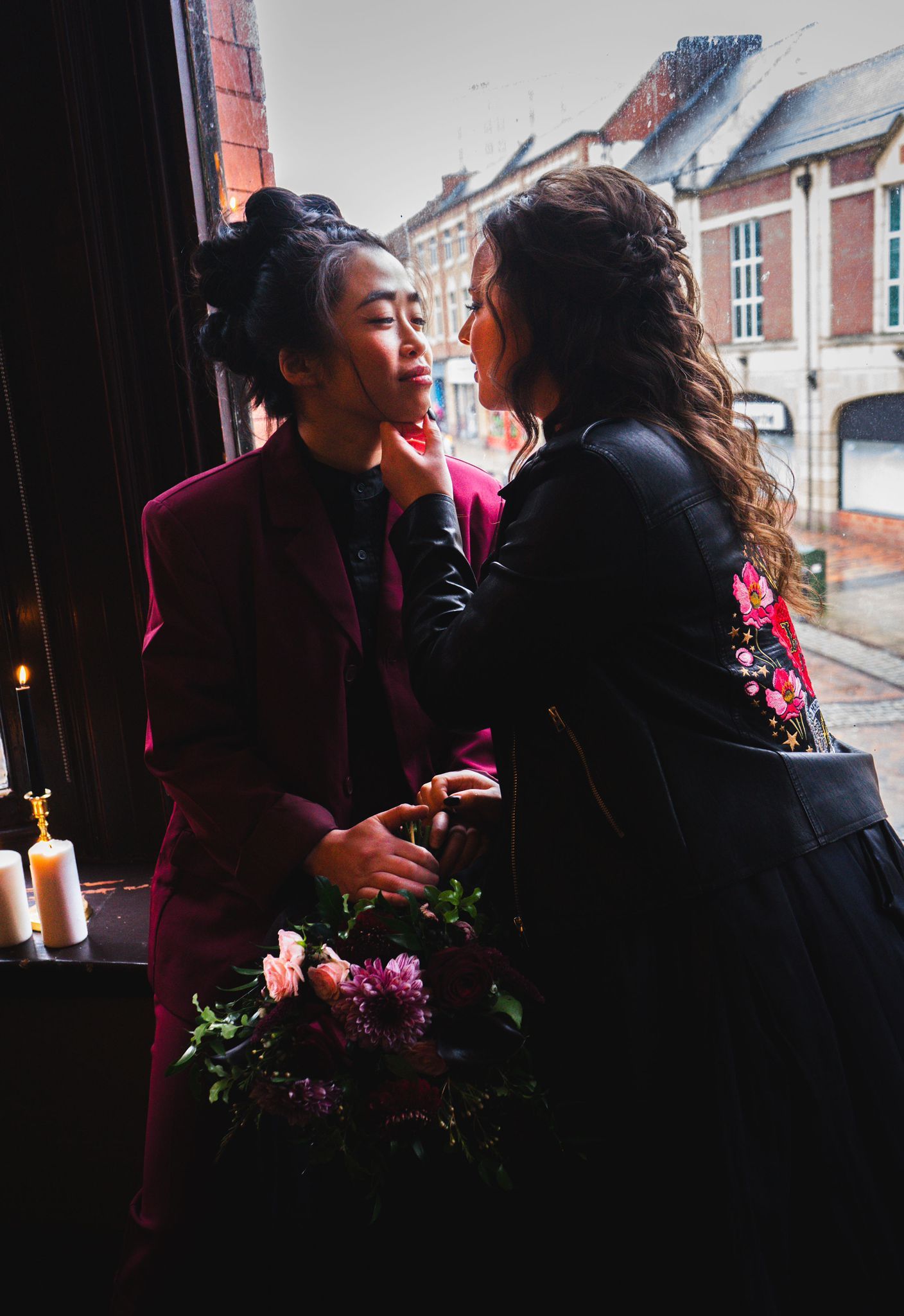 LGBTQ+ wedding, Lesbian wedding, alternative, Pub wedding, Preston Pub wedding, Leather jacket, Black wedding dress, red suit, Gothic,