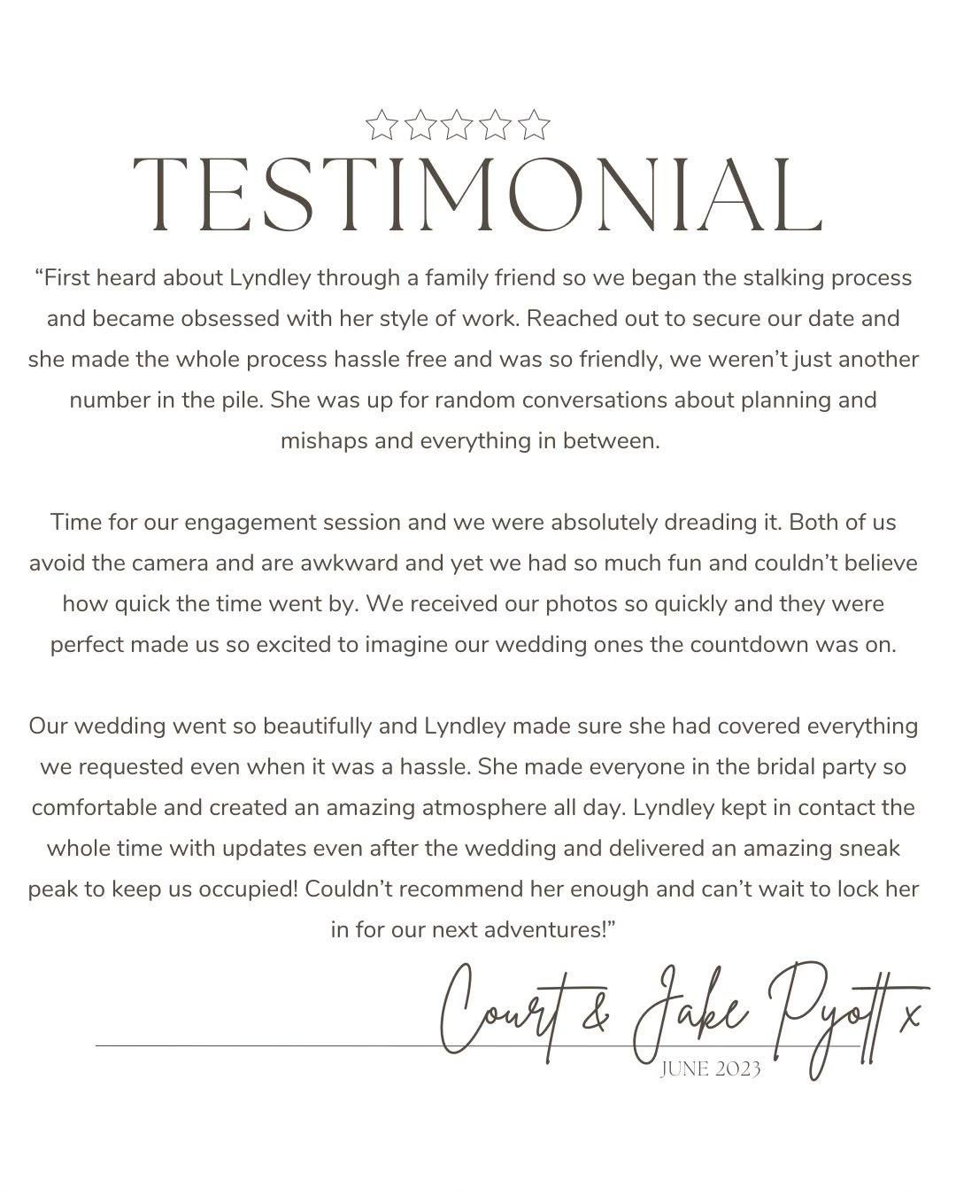 Detailed wedding photography testimonial with five star rating and client feedback.