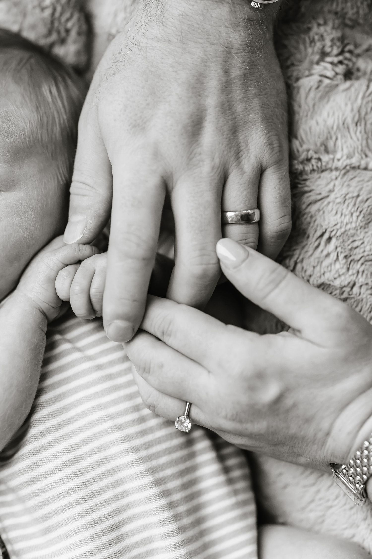 Black and white photo sequence showing hands with wedding and engagement rings against a striped and textured background.