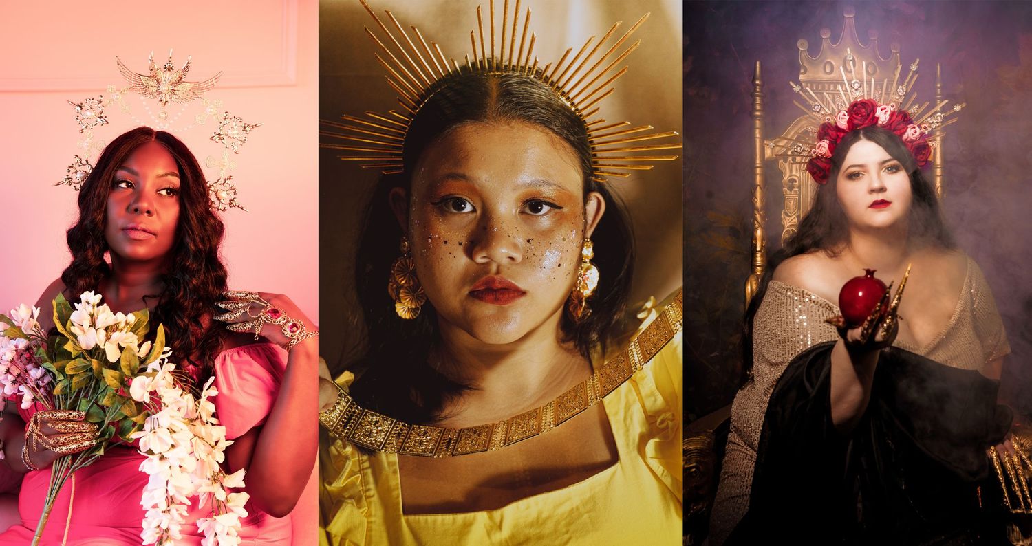 Artistic triptych portrait series with crowns and floral elements in pink and gold tones.