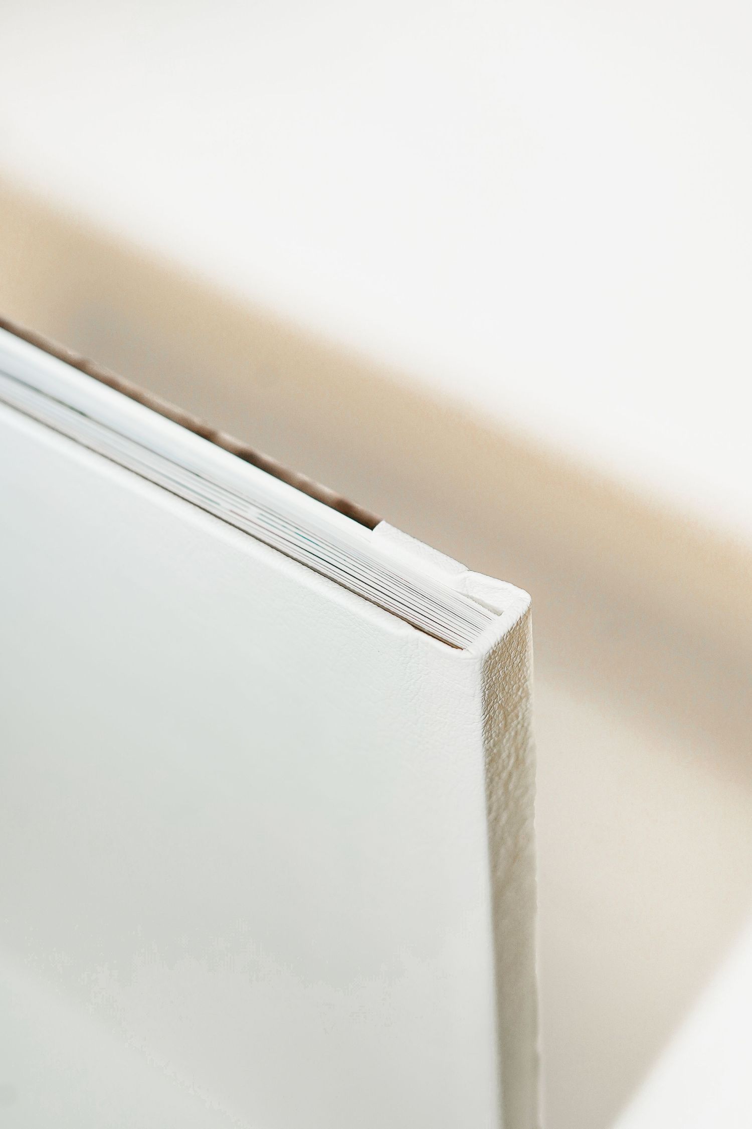 Close-up view of a white book edge with subtle texture and binding details.