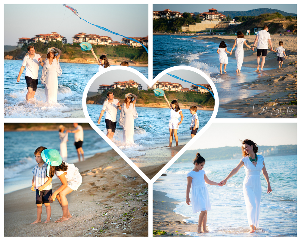 Family photographer captured a family enjoying a beach day together on a with a kite flying overhead and coastal homes in the background.