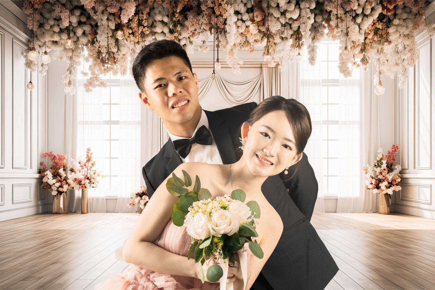 Elegant wedding photoshoot in a luxurious white room decorated with hanging floral arrangements.