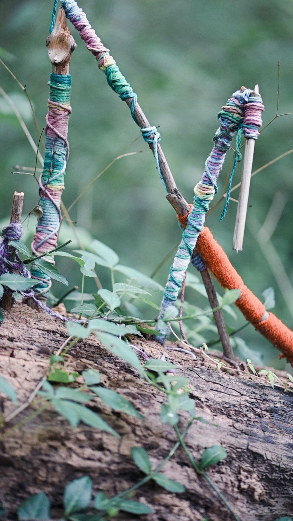 Decorative sticks wrapped in colorful yarn and twine standing upright on forest ground.