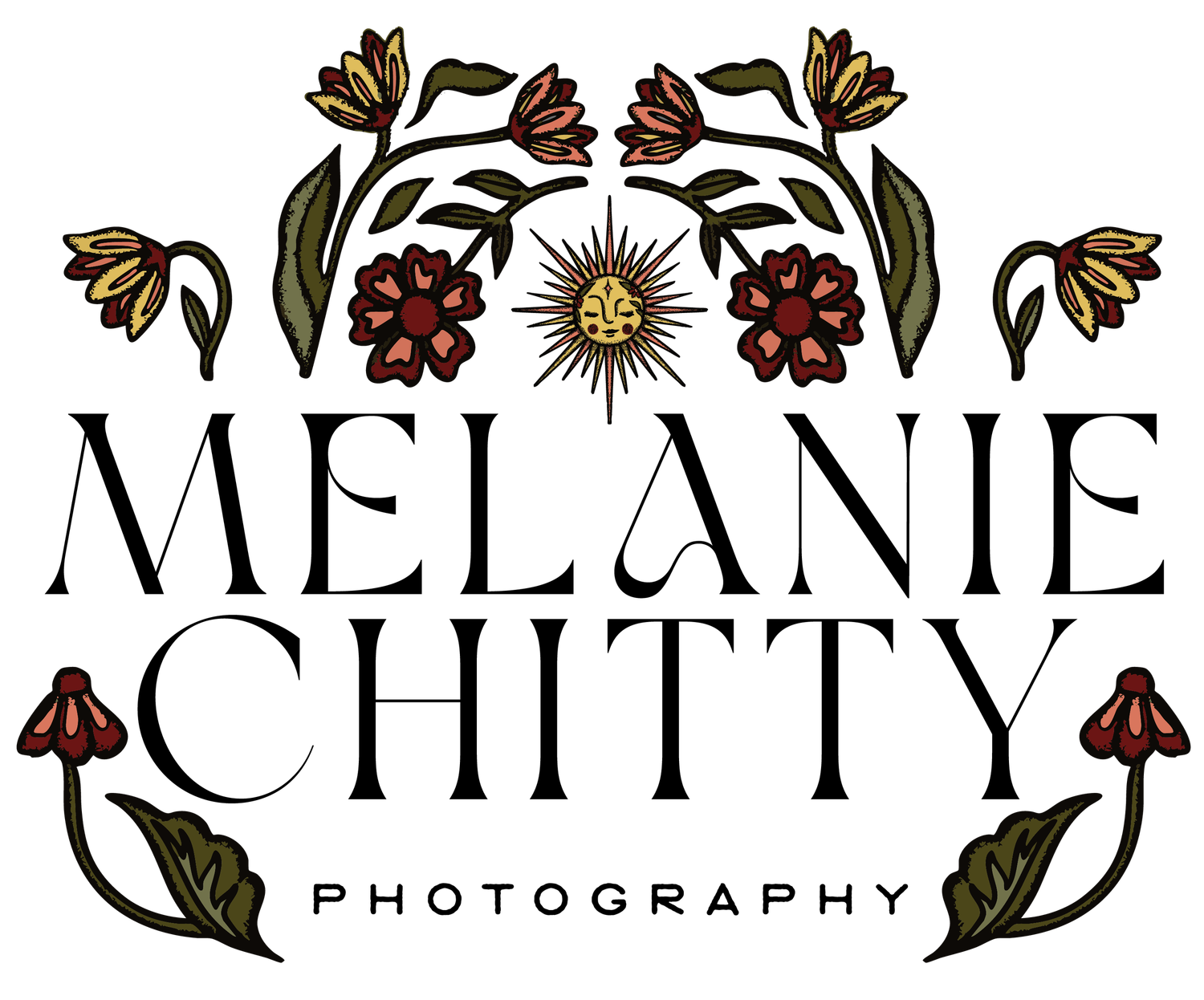 Stylized text logo design with decorative sun burst element on black background.