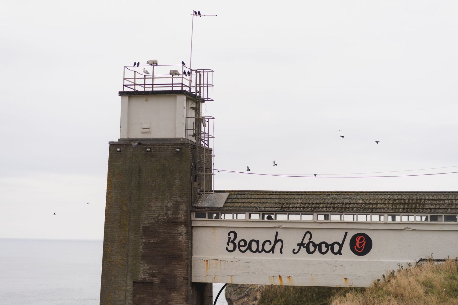 Industrial beach food building with a concrete tower structure against an overcast sky.