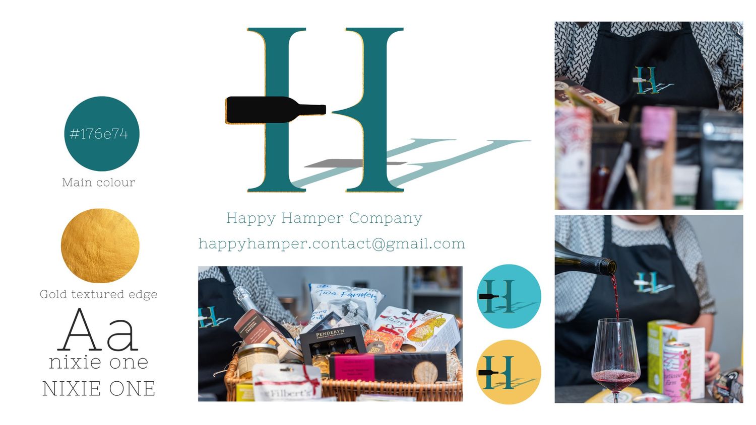 Style guide showing teal brand elements, typography samples and photography equipment icons.
