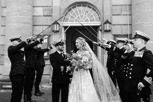 A series of five vintage style black and white wedding photos showing formal moments during a traditional ceremony.