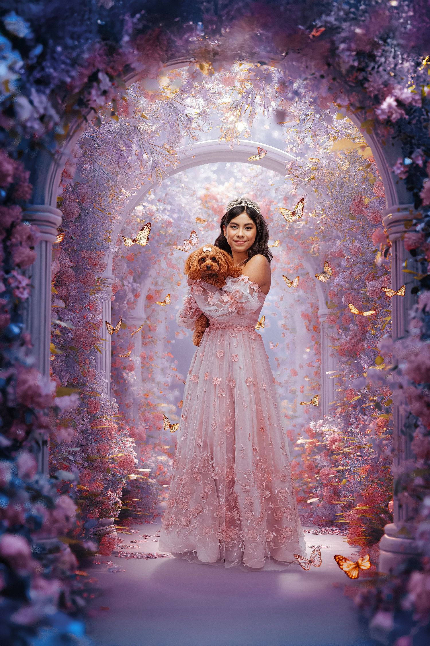 Enchanting floral arch setting with floating butterflies and petals creating dreamy pink and purple atmosphere in magical garden scene.