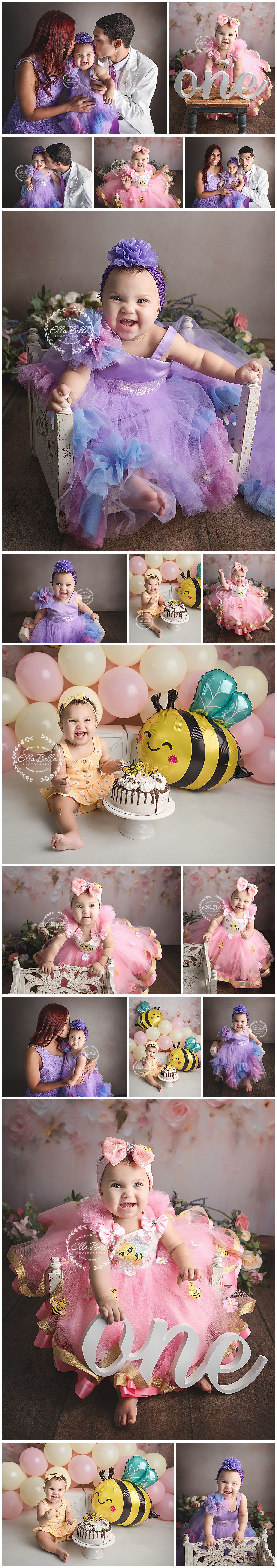 A colorful first birthday photo shoot featuring pink and purple tulle dresses, balloons, and whimsical bee decorations.