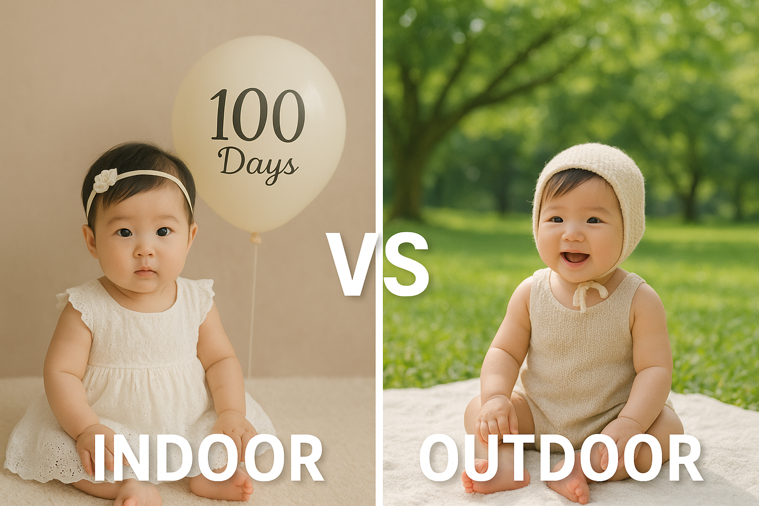A photo grid comparison showing indoor and outdoor baby lifestyle portrait photography settings.