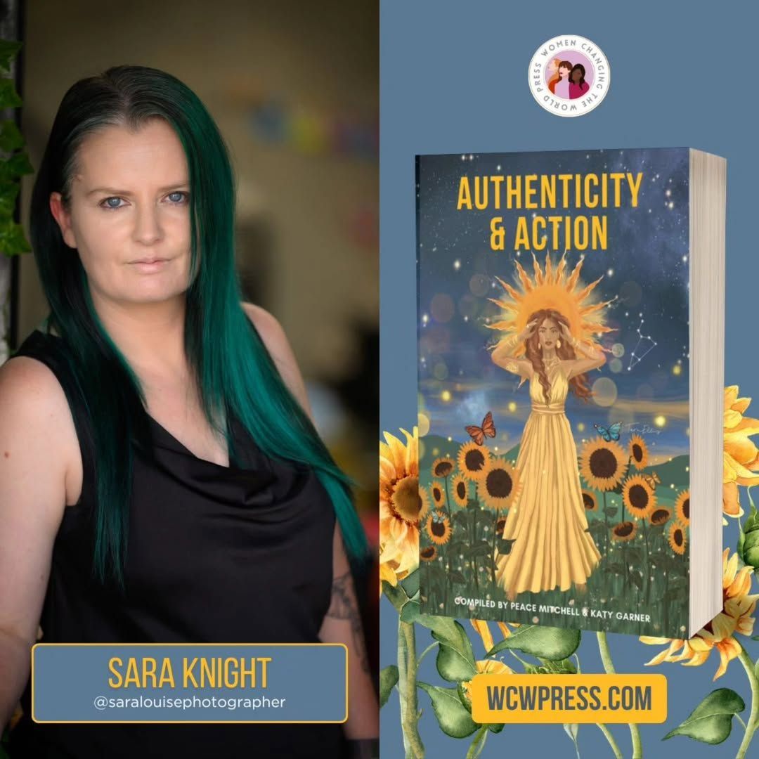 Book cover design showing golden figure among sunflowers titled 'Authenticity & Action'.