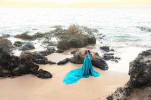 Maui flying dress photographer photo against beautiful Maui sunset beach by ohwowfotos.