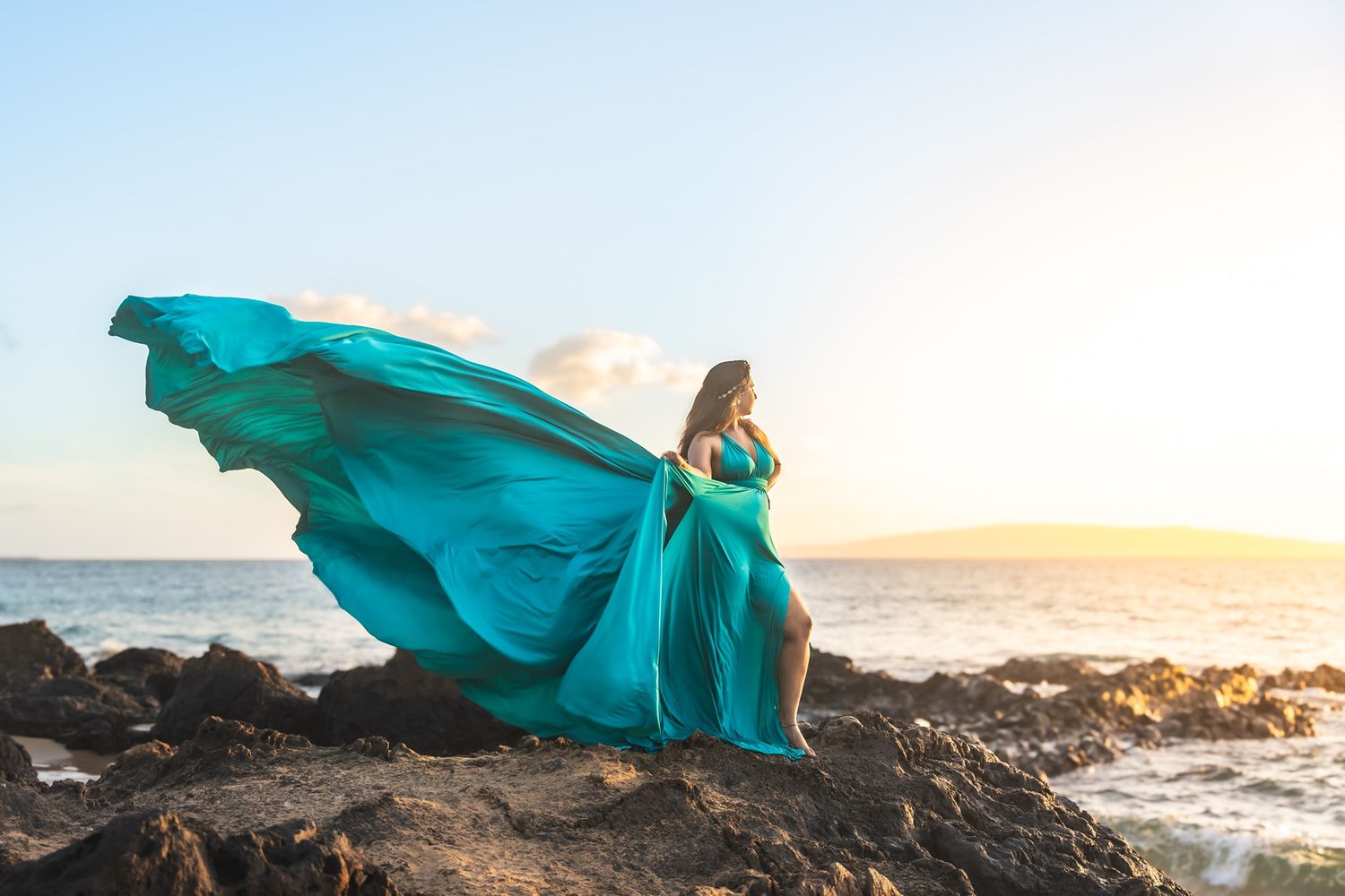 Maui flying dress photographer photo against beautiful Maui sunset beach by ohwowfotos.
