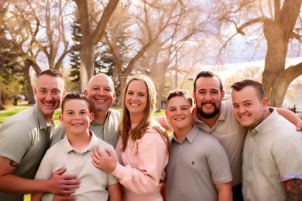 A sequence of outdoor family photos showing candid moments and laughter with trees in the background.