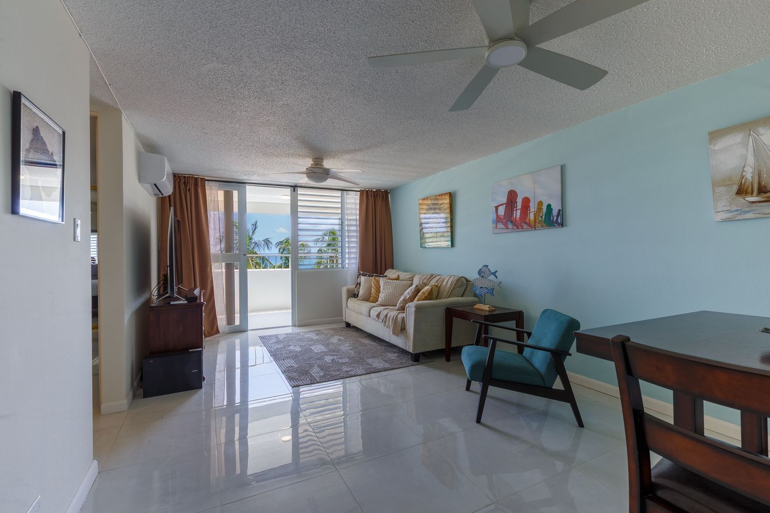 Real estate photography. Living room. Short-term rental in Playa Azul Tower 1 in Luquillo, Puerto Rico.