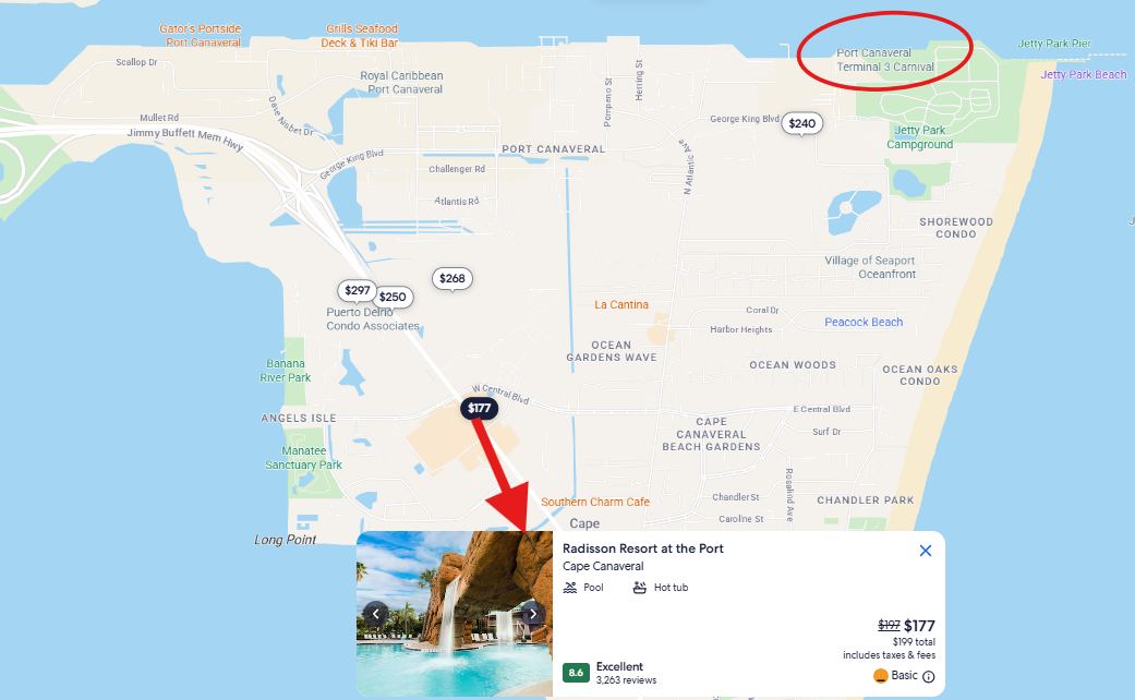 Map showing Fashion Resort at the Park Los Cabos location with pricing overlay and resort pool photo in Baja California Sur, Mexico.