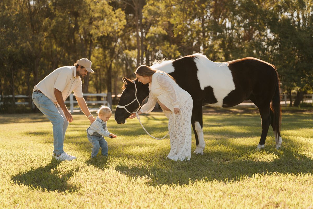 Family with baby and horse on farm, parents in casual white outfits guiding toddler toward horse during a maternity photoshoot in Sydney