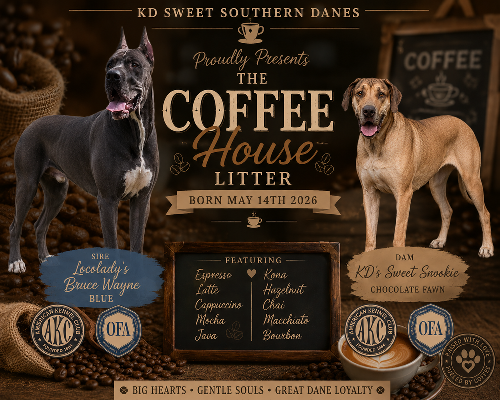 KD Sweet Southern Danes Coffee House Litter announcement featuring two Great Danes born May 14, 2026, with AKC and OFA credentials.