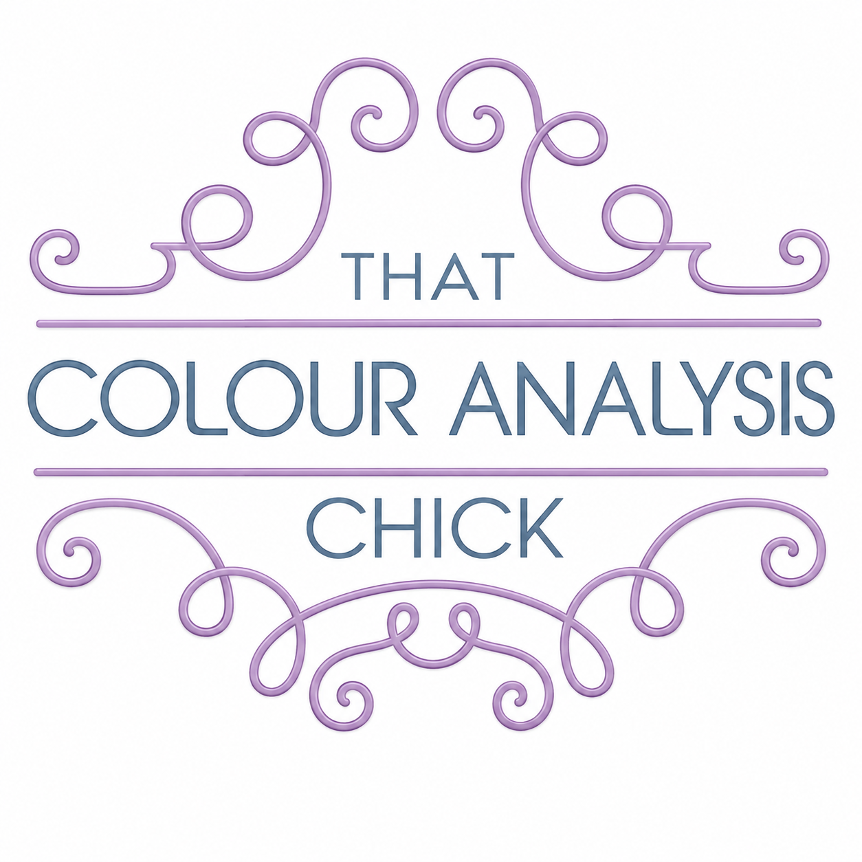 Decorative logo for That Colour Analysis Chick in teal and grey with ornamental flourishes.