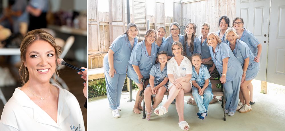 Bride smiling in white robe during wedding preparations alongside bridesmaids in blue scrubs posing together indoors.