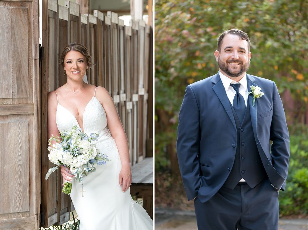 Bride in white gown with bouquet and groom in navy suit pose for wedding portraits outdoors.