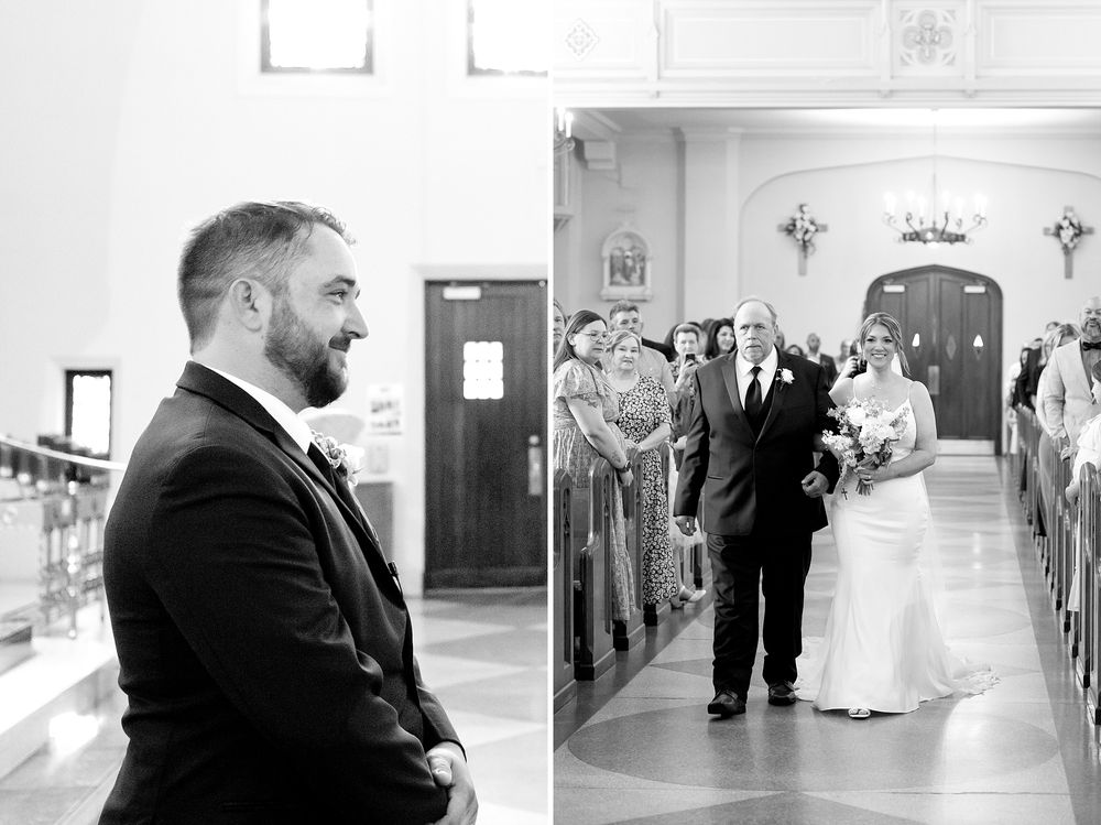 Groom watches bride walk down church aisle with her father during wedding ceremony.