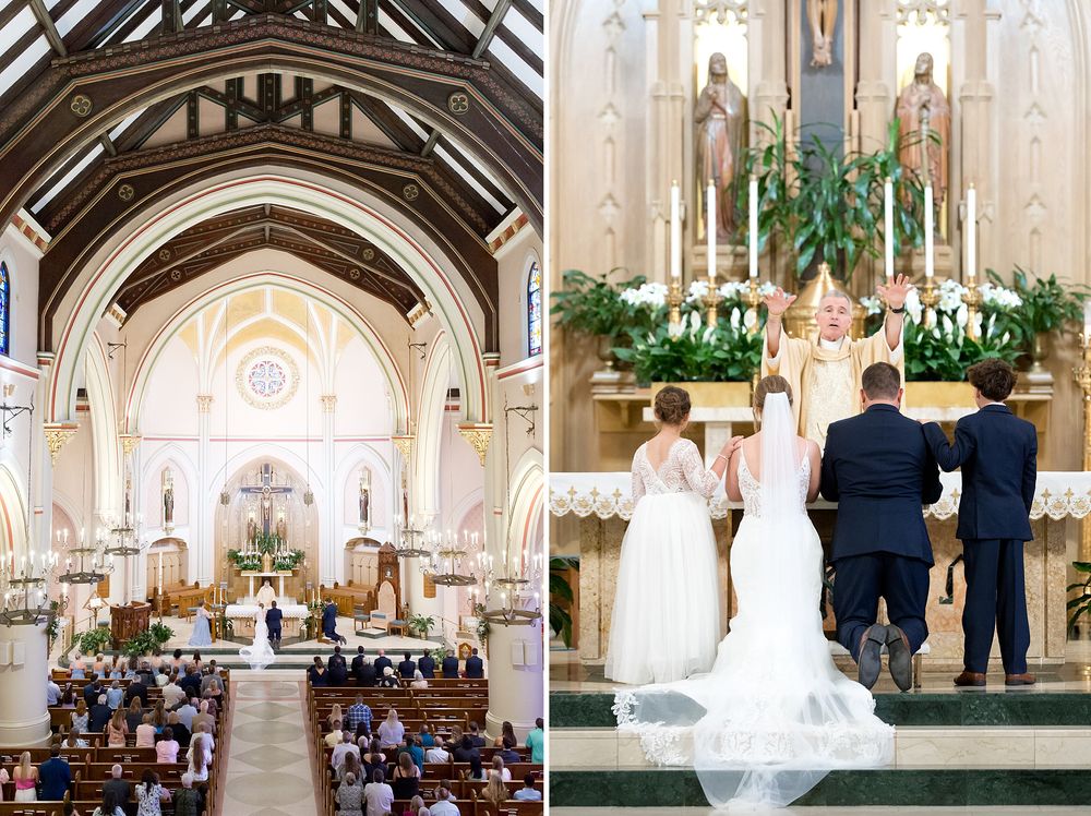 Elegant Catholic church wedding ceremony with bride and groom kneeling at the ornate altar.